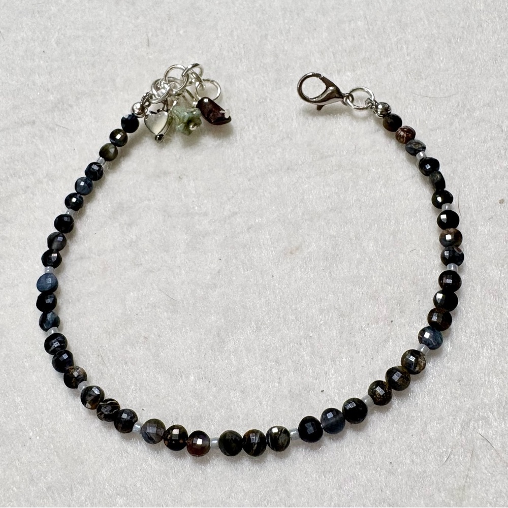 Dainty flashy Pietersite blue and Gold Coin Beaded Bracelet